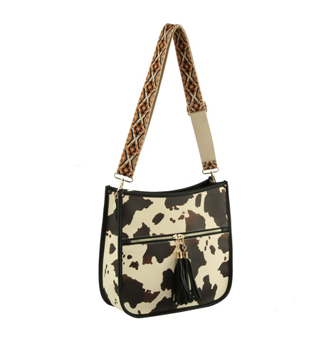 Cow Print Front Pocket Hobo Handbag