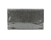 The Colored Stone Style Evening Bag is a rectangular, metallic silver faux leather clutch with a textured woven pattern, top flap closure, and chic chain strap, displayed on a plain white background.