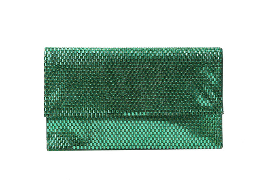 The Colored Stone Style Evening Bag is a rectangular, shiny green clutch with a textured woven pattern and top flap closure, shown against a white background.