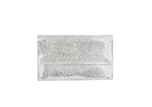 The Colored Stone Style Evening Bag is a rectangular silver faux leather clutch with a textured, grid-like pattern and top flap closure, shown against a plain white background.