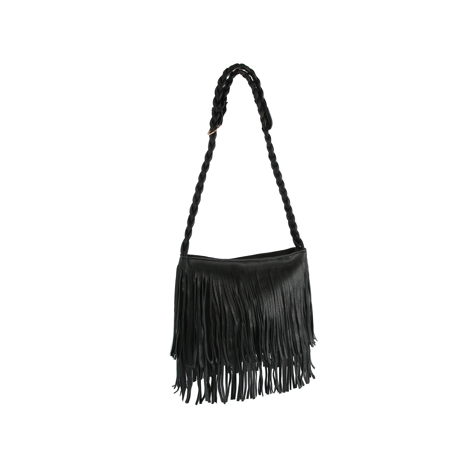 The Braided Fringe Hobo Handbag is a black faux leather shoulder bag featuring gold-toned hardware, a braided strap, long fringe at the bottom, and a top zip closure, shown against a white background.