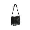 The Braided Fringe Hobo Handbag is a black faux leather shoulder bag featuring gold-toned hardware, a braided strap, long fringe at the bottom, and a top zip closure, shown against a white background.
