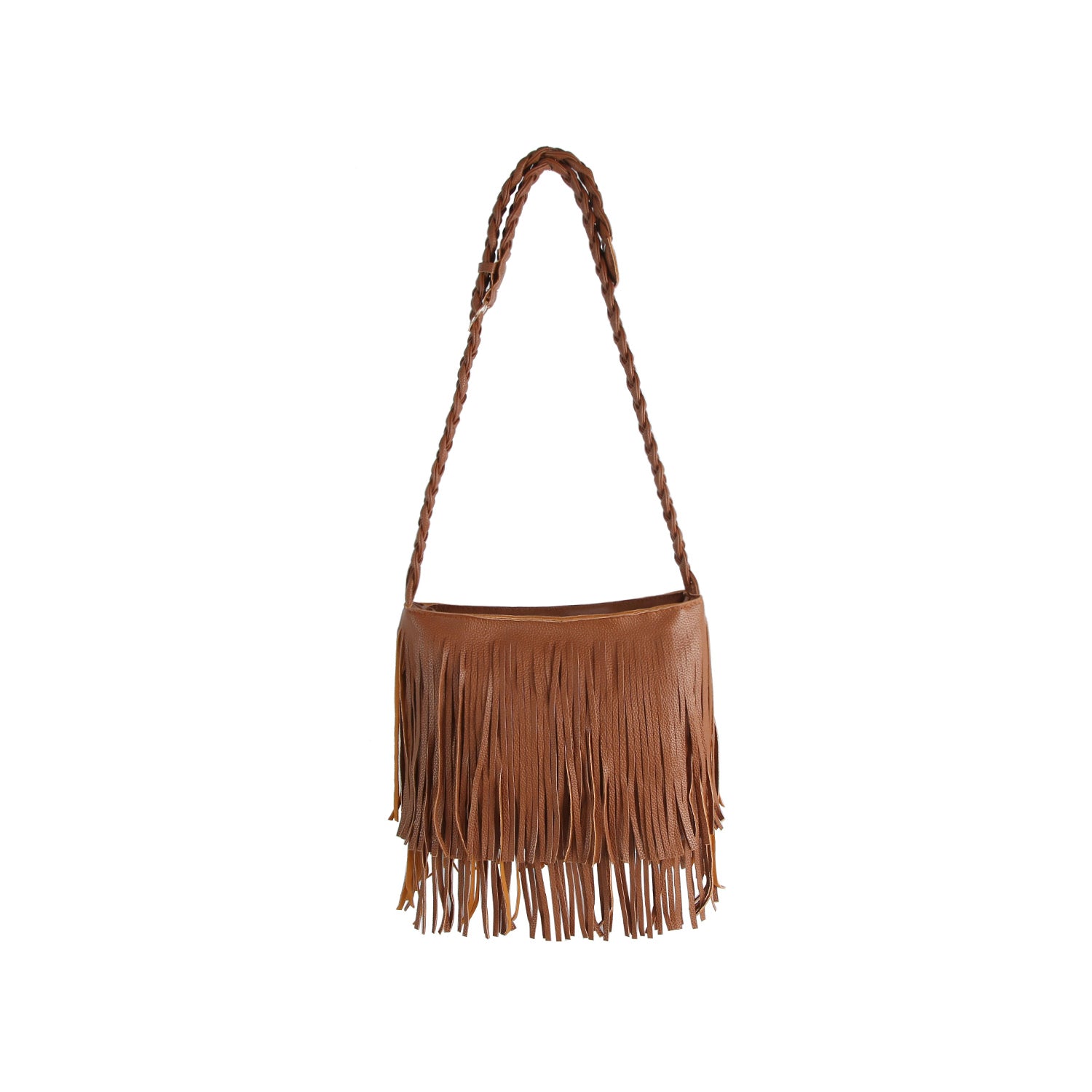Braided Fringe Hobo Handbag in brown faux leather features a braided shoulder strap, long fringe accents, gold-toned hardware, and a top zip closure, shown on a white background.
