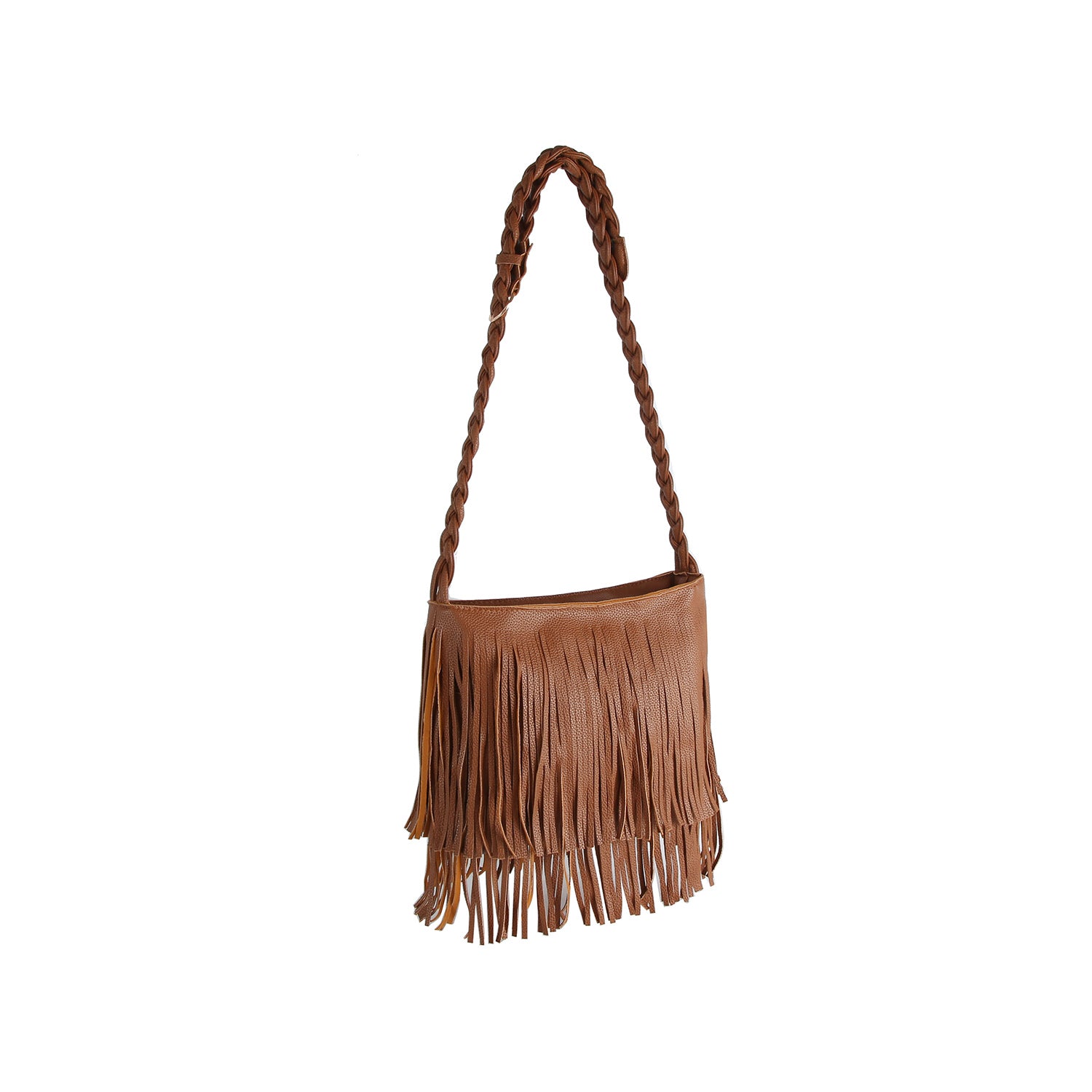 The Braided Fringe Hobo Handbag features brown faux leather, long fringe detailing, a thick braided strap, gold-toned hardware, and a top zip closure, shown against a plain white background.