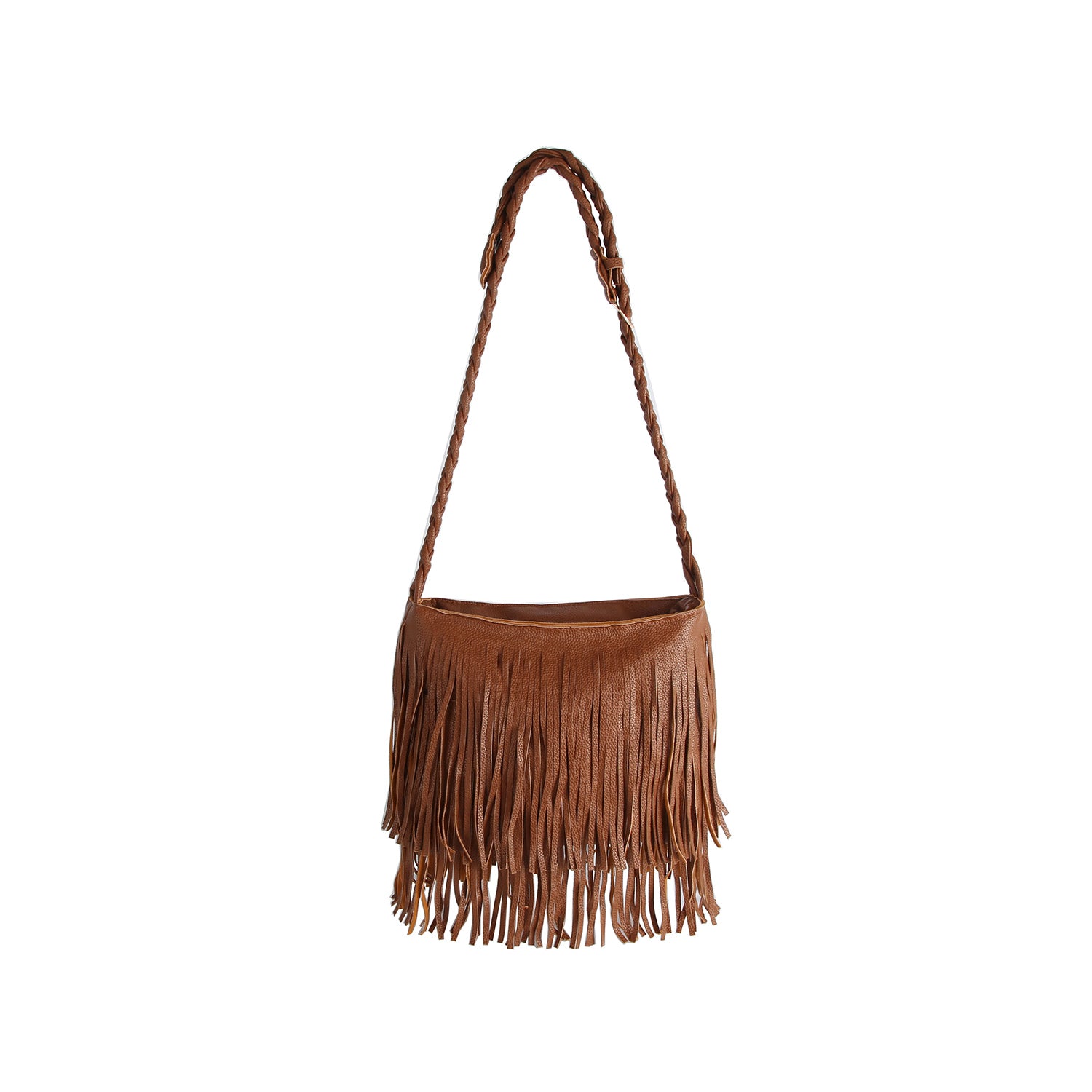 The Braided Fringe Hobo Handbag features brown faux leather, a braided strap, gold-toned hardware, and long fringe accents on the front and bottom. Shown against a white background.