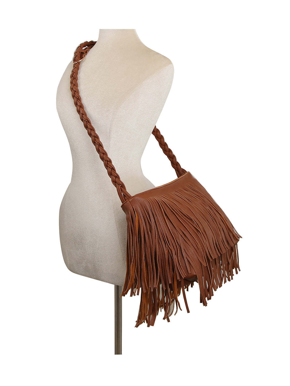 The Braided Fringe Hobo Handbag, featuring brown faux leather, long fringe, gold-toned hardware, and a thick braided shoulder strap, is displayed on a dress form mannequin against a white background.
