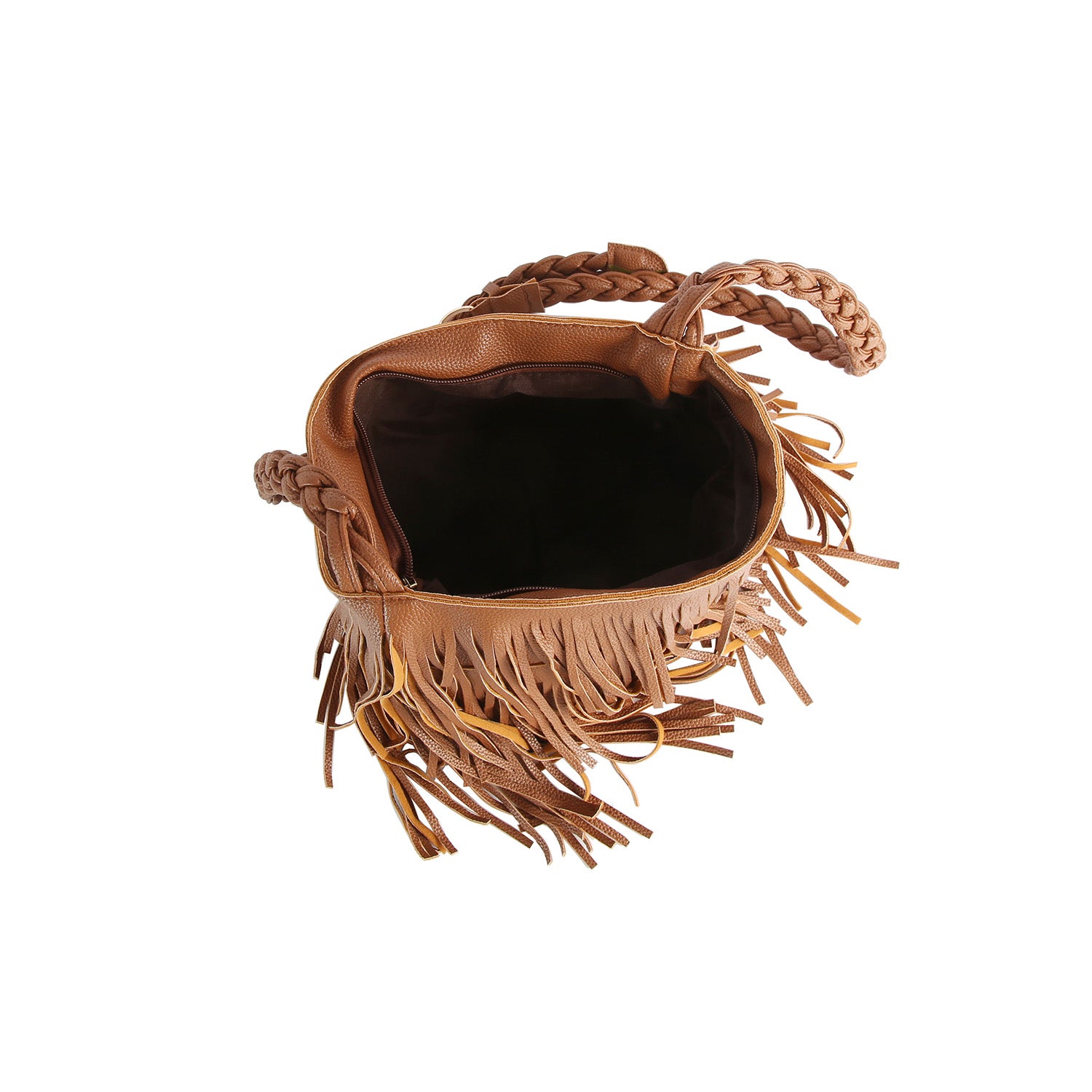 The Braided Fringe Hobo Handbag, featuring brown faux leather, braided handles, gold-toned hardware, and decorative fringe, is displayed from above with its interior visible against a white background.