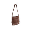 The Braided Fringe Hobo Handbag features brown faux leather, long fringe accents, gold-tone hardware, and a thick braided strap, shown against a white background.