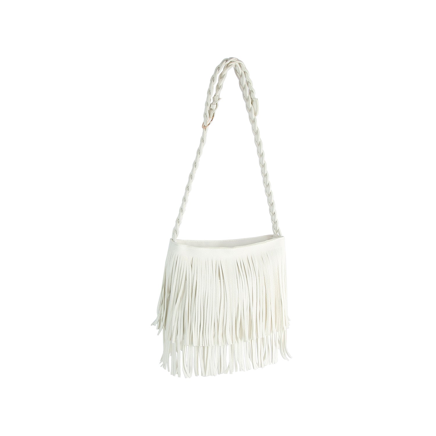 The Braided Fringe Hobo Handbag features white faux leather, long fringe detailing, gold-toned hardware, and a thick braided shoulder strap, shown against a plain white background.