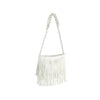 The Braided Fringe Hobo Handbag features white faux leather, long fringe detailing, gold-toned hardware, and a thick braided shoulder strap, shown against a plain white background.