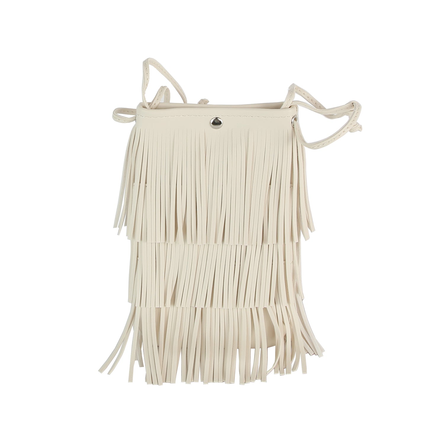 The Layered Fringe Shoulder Bag is a small beige faux leather shoulder bag featuring a flap closure, multiple layers of long fringe, and a thin single strap.