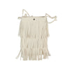 The Layered Fringe Shoulder Bag is a small beige faux leather shoulder bag featuring a flap closure, multiple layers of long fringe, and a thin single strap.