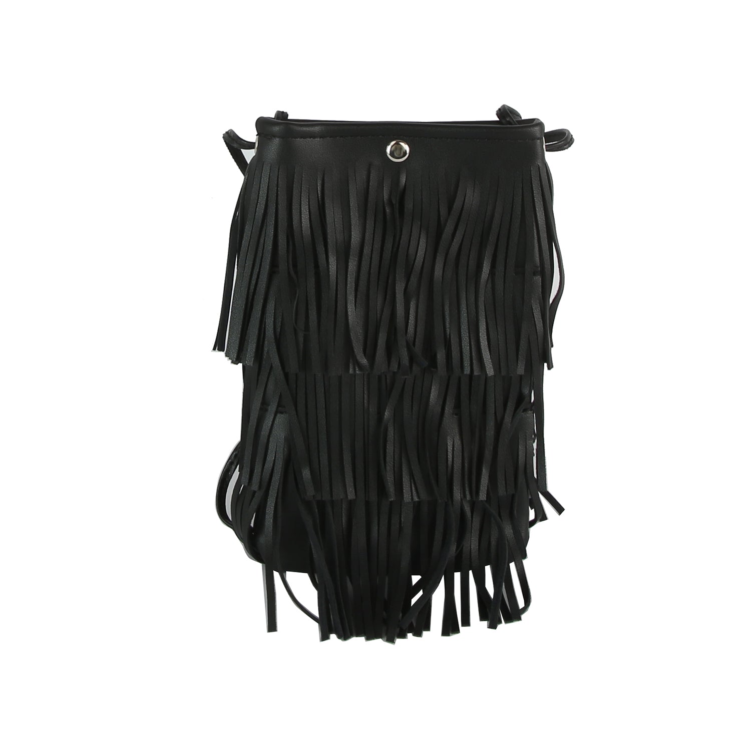 The Layered Fringe Shoulder Bag is a small black faux leather bag with multiple layers of long fringe, a single strap, and a silver top button, shown on a plain white background.