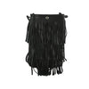 The Layered Fringe Shoulder Bag is a small black faux leather bag with multiple layers of long fringe, a single strap, and a silver top button, shown on a plain white background.