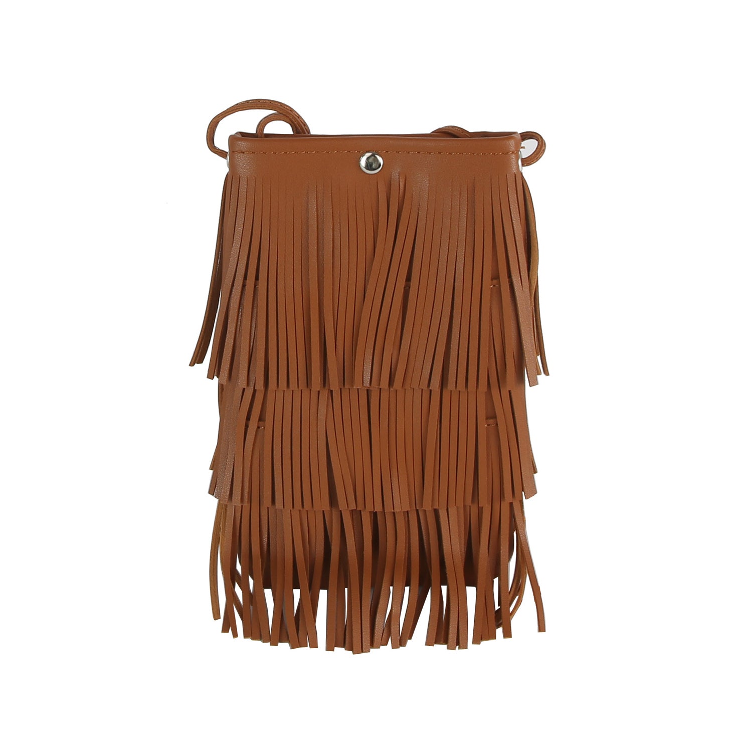 The Layered Fringe Shoulder Bag is a small brown faux leather pouch with three tiers of fringe, a single strap, and a secure magnetic snap closure at the top.