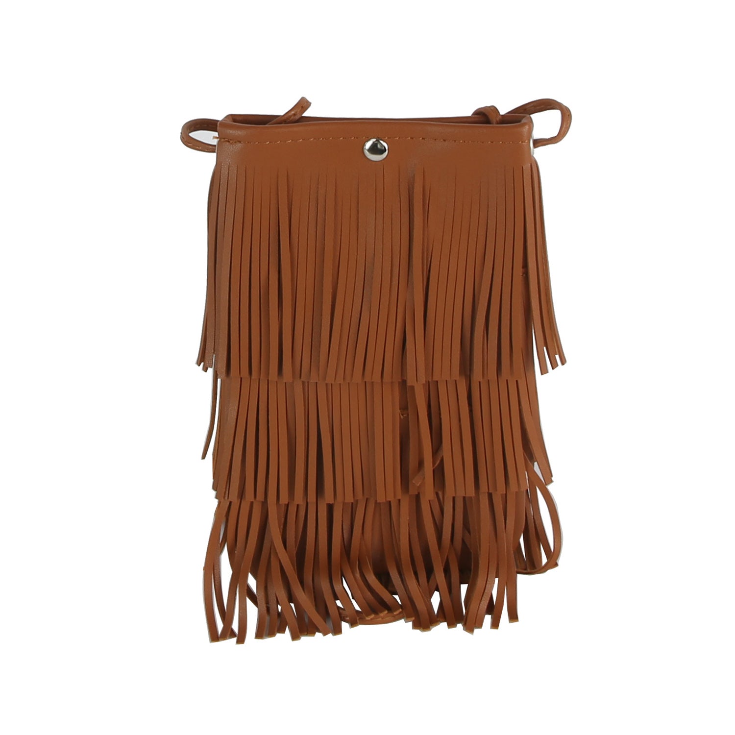 The Layered Fringe Shoulder Bag features brown faux leather, layered fringe detailing, a single silver button at the top center, thin side straps, a magnetic snap closure, and a stylish bohemian look.