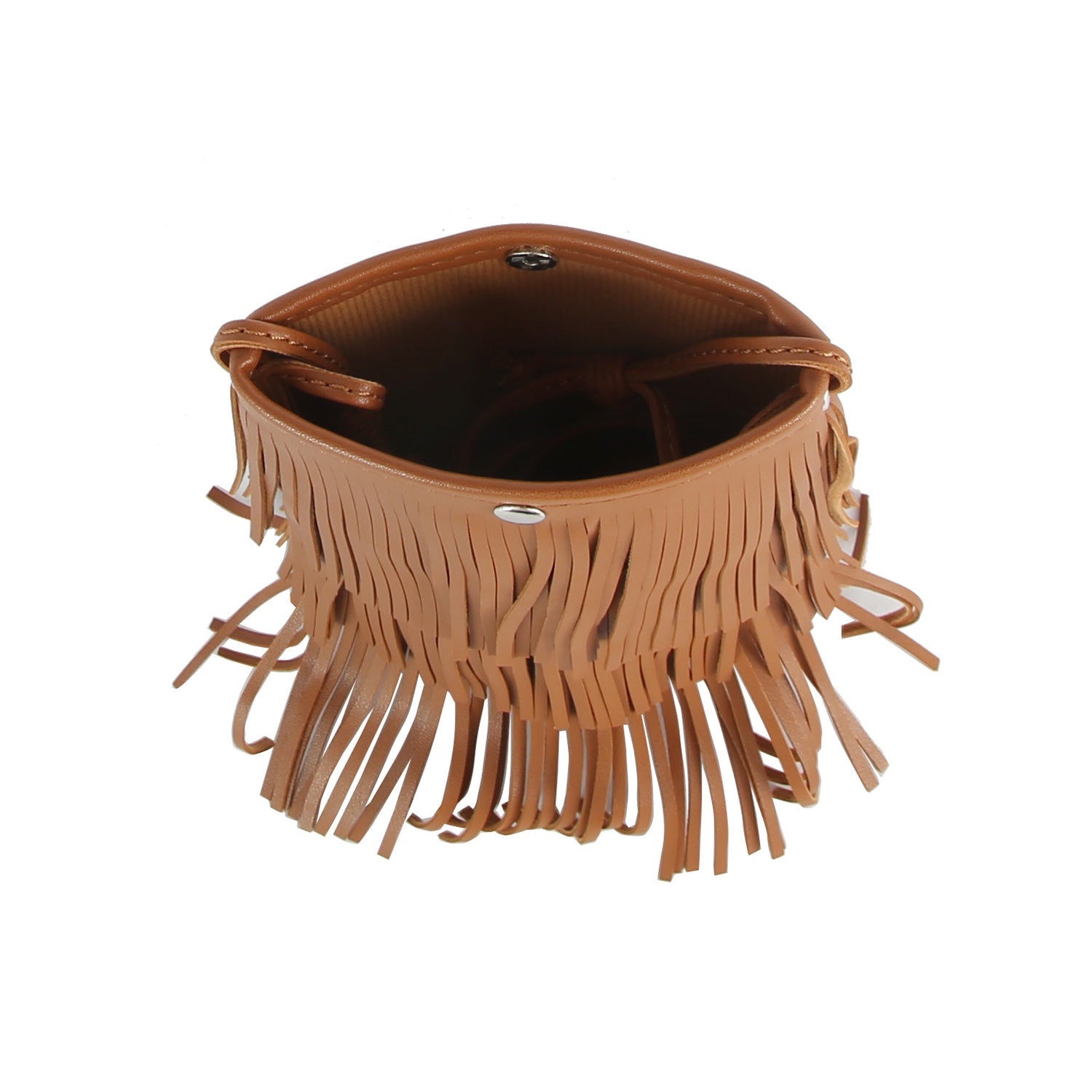 The Layered Fringe Shoulder Bag is a small tan faux leather bucket bag with fringe detailing, a single strap, and an open top, shown from above on a white background.