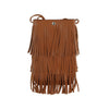 The Layered Fringe Shoulder Bag is a small brown faux leather pouch with three tiers of fringe, a single strap, and a secure magnetic snap closure at the top.
