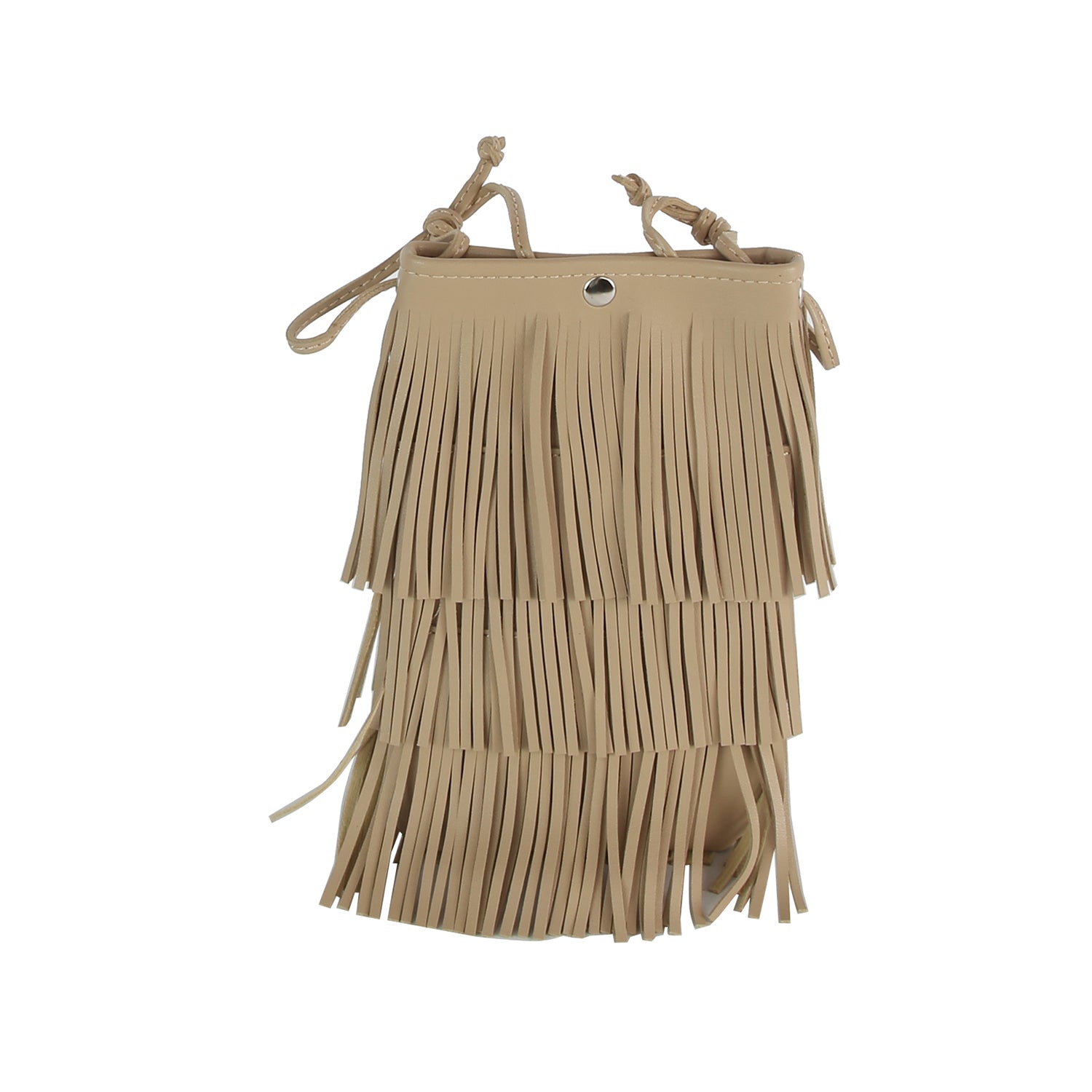 Layered Fringe Shoulder Bag in beige faux leather features multiple layers of long fringe, a single shoulder strap, drawstring closure, and a small metal grommet near the top.