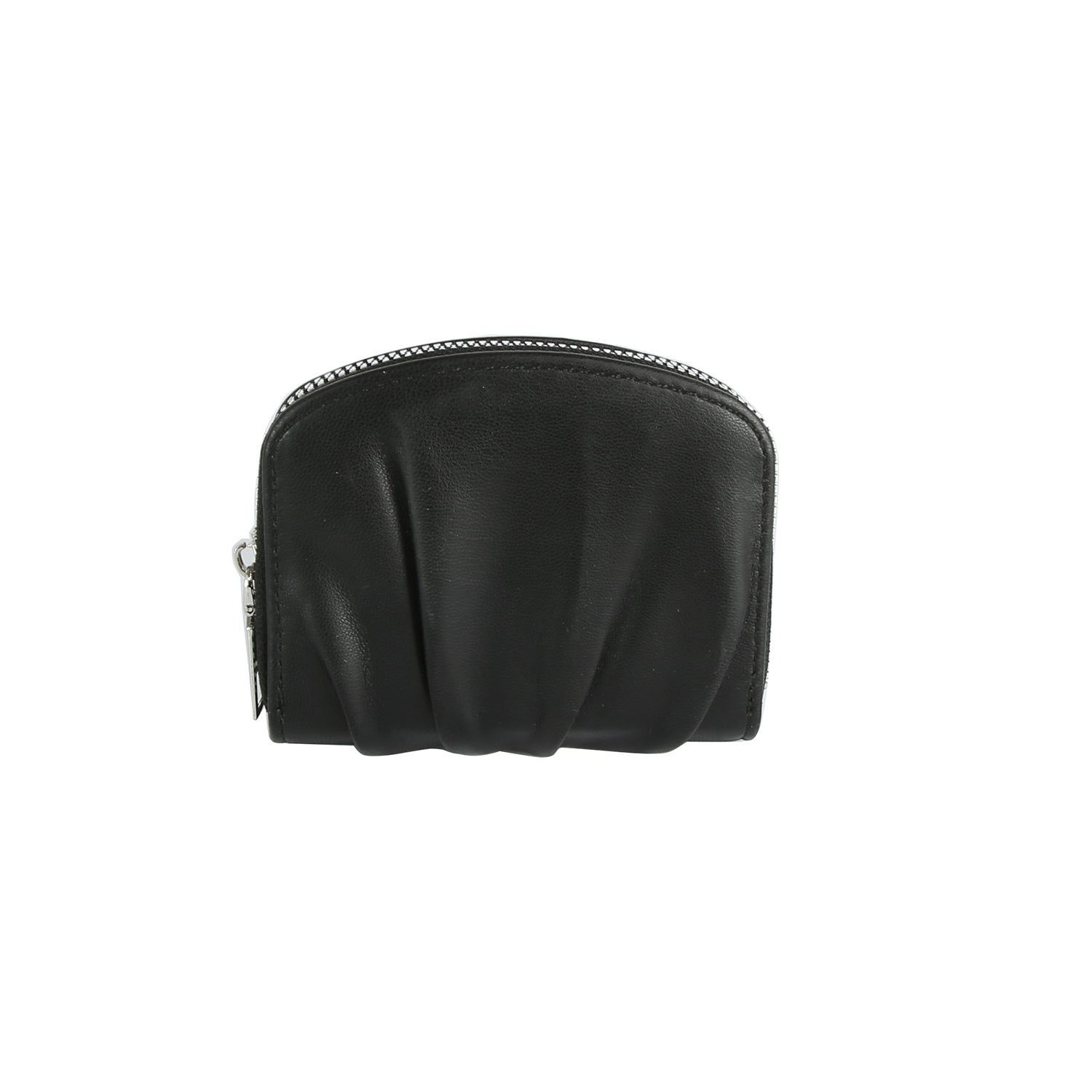The Petite Pleated Zip Around Wallet is a small black faux leather coin purse with a pleated texture on the front and a zip top closure, shown against a white background.