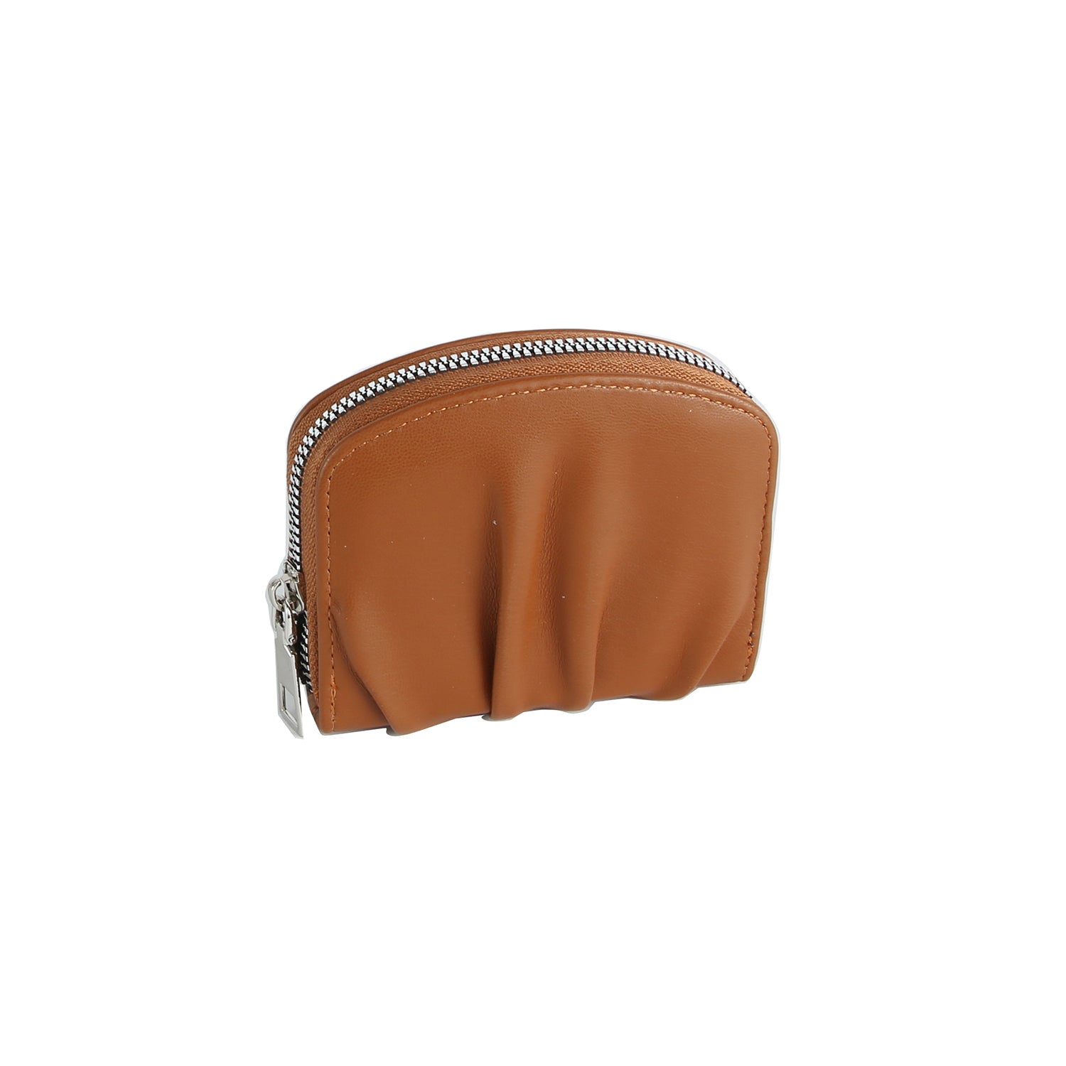 The Petite Pleated Zip Around Wallet is a small brown faux leather coin purse with a ruched front and silver zip top, shown on a white background.
