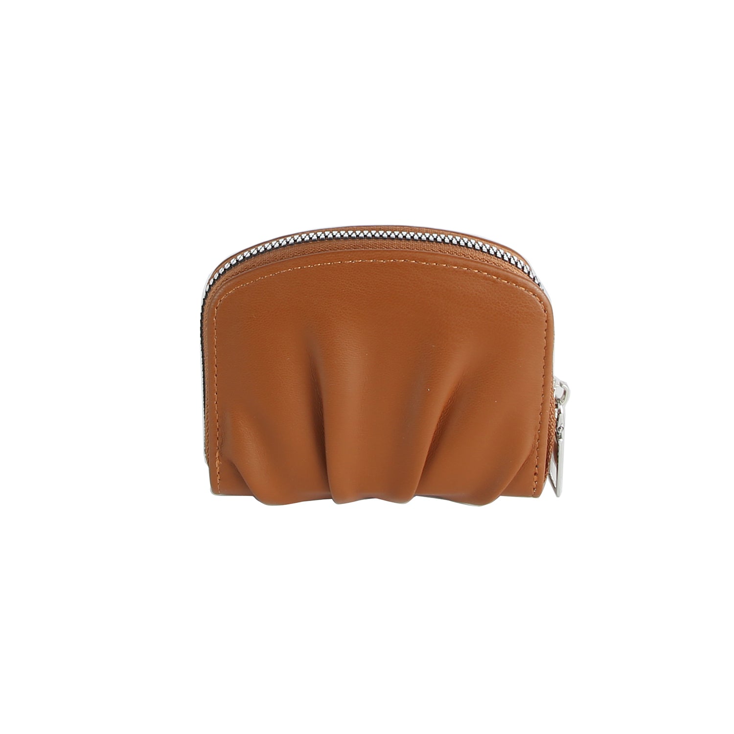The Petite Pleated Zip Around Wallet is a small brown faux leather coin purse with a silver zip closure and ruched detailing at the bottom, shown against a white background.