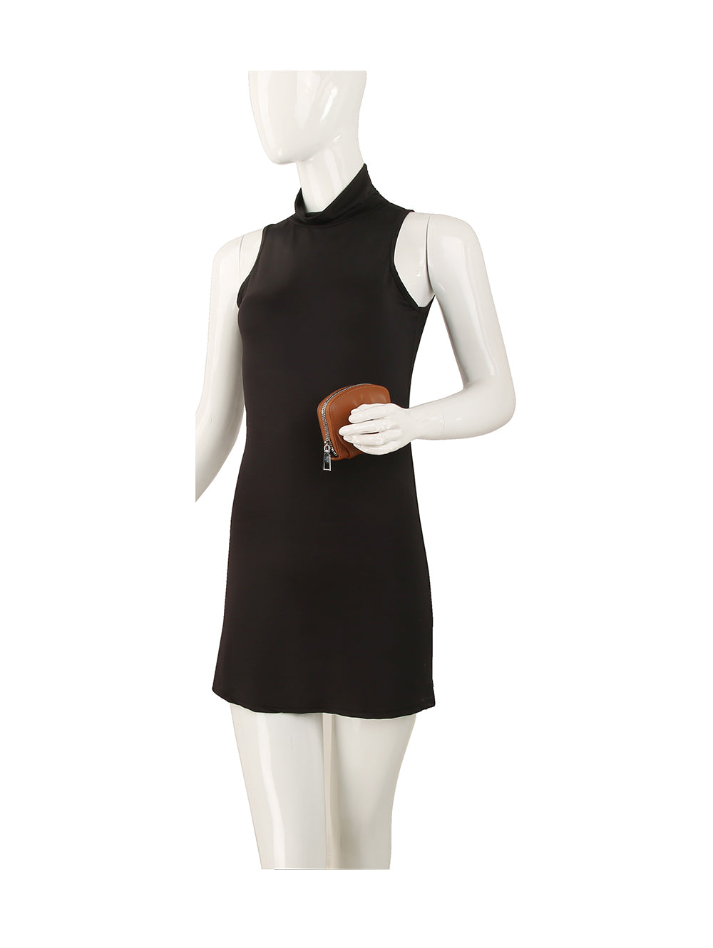 A faceless mannequin in a sleeveless black turtleneck mini dress holds the Petite Pleated Zip Around Wallet, a small brown faux leather purse with a zip top closure, in its right hand against a plain white background.