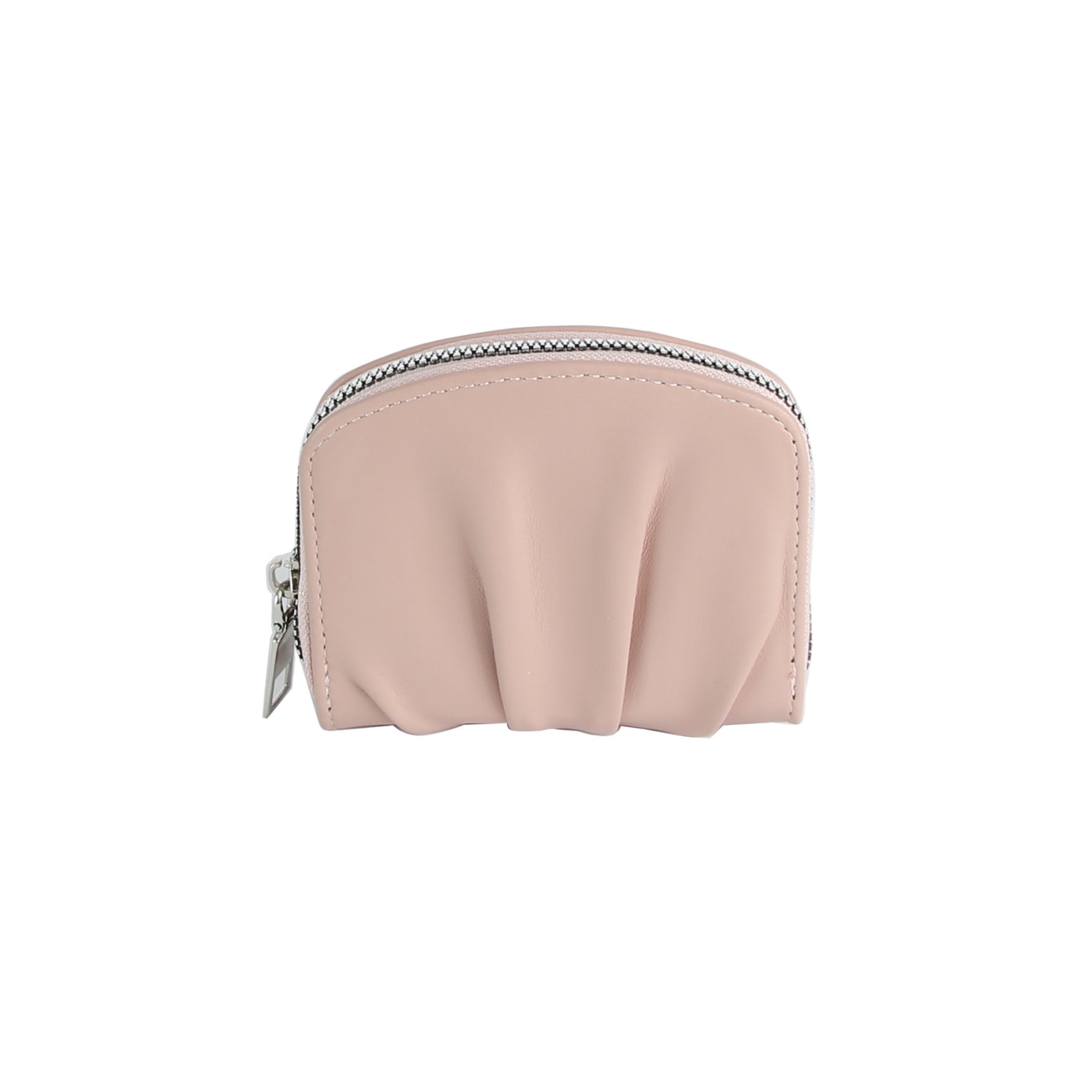 The Petite Pleated Zip Around Wallet is a small, light pink faux leather pouch with pleated front detailing and a silver zip top closure, shown on a plain white background.