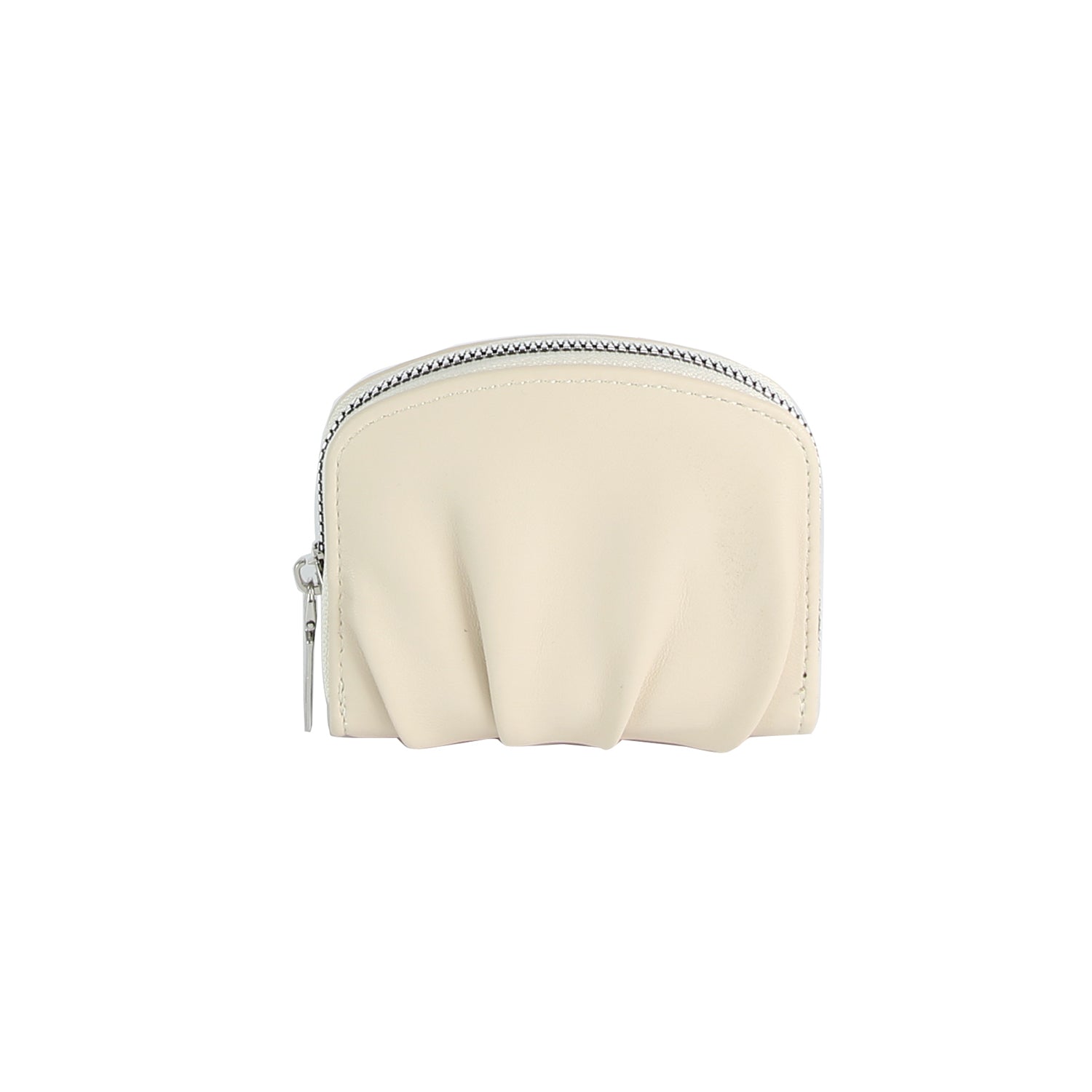The Petite Pleated Zip Around Wallet is a small, cream-colored faux leather pouch with a curved top, ruched detailing on the front, and a secure zip closure, shown against a plain white background.