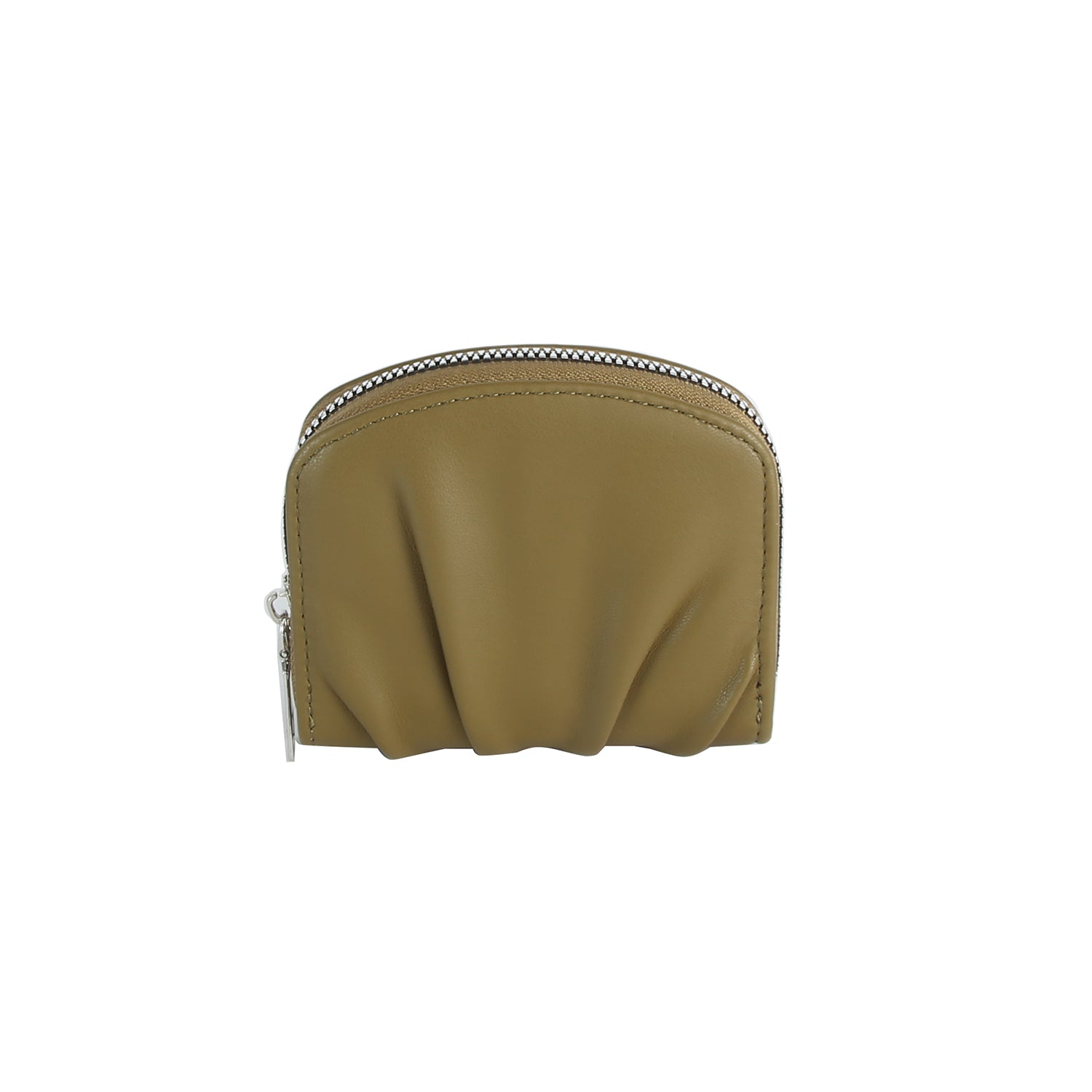 The Petite Pleated Zip Around Wallet is a small olive green faux leather pouch with a curved top, front ruching, and a zip closure with silver pull tab, shown on a plain white background.