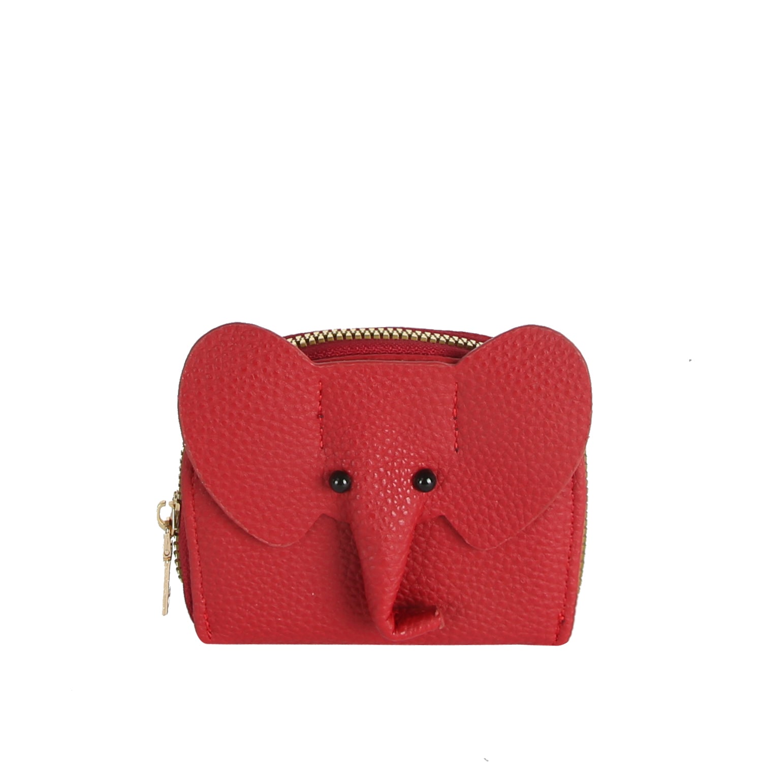 The Zip Around Elephant Wallet is a small red faux leather coin purse with large ears, a trunk, black button eyes, and a top zip closure, designed to look like an elephant.