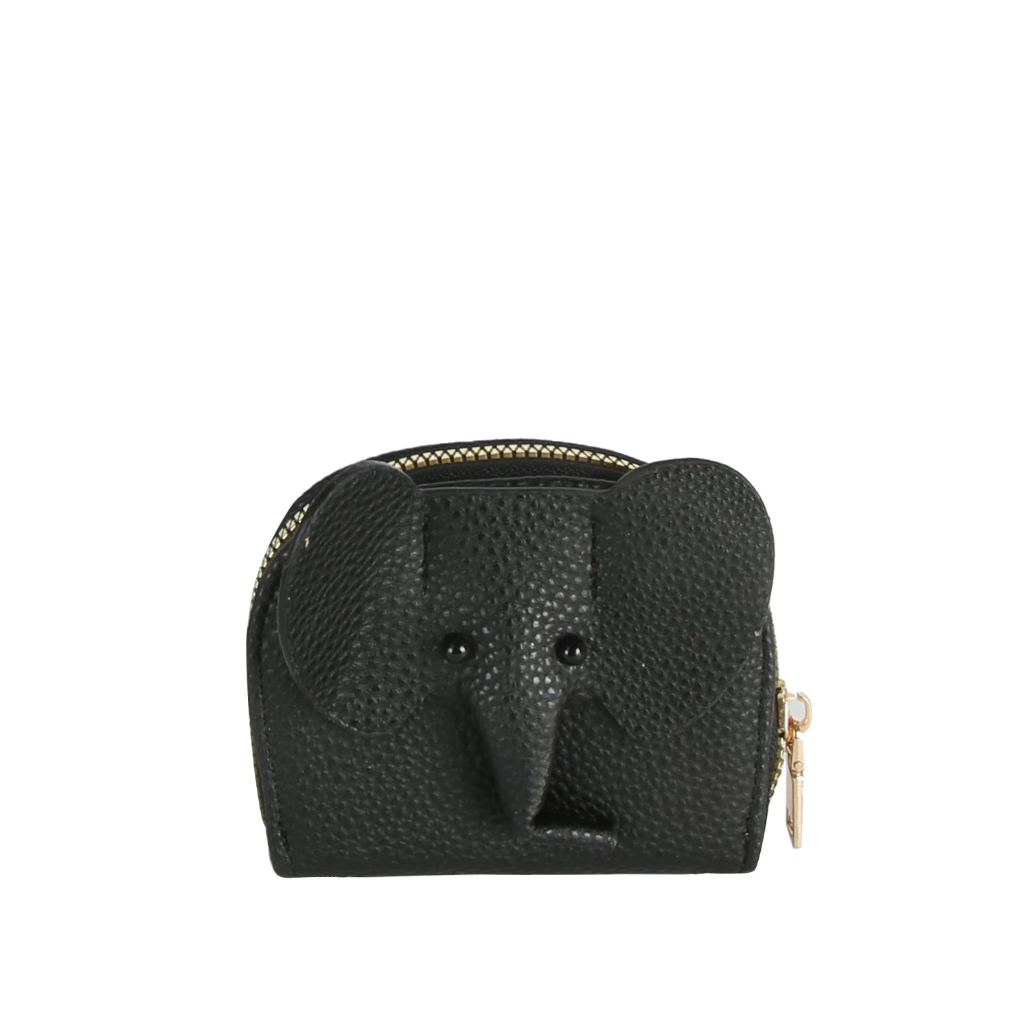 The Zip Around Elephant Wallet is a small black faux leather coin purse with round ears, a trunk, button-like eyes, and a secure zip closure, designed to resemble an elephant.