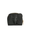 The Zip Around Elephant Wallet is a small black faux leather coin purse with round ears, a trunk, button-like eyes, and a secure zip closure, designed to resemble an elephant.