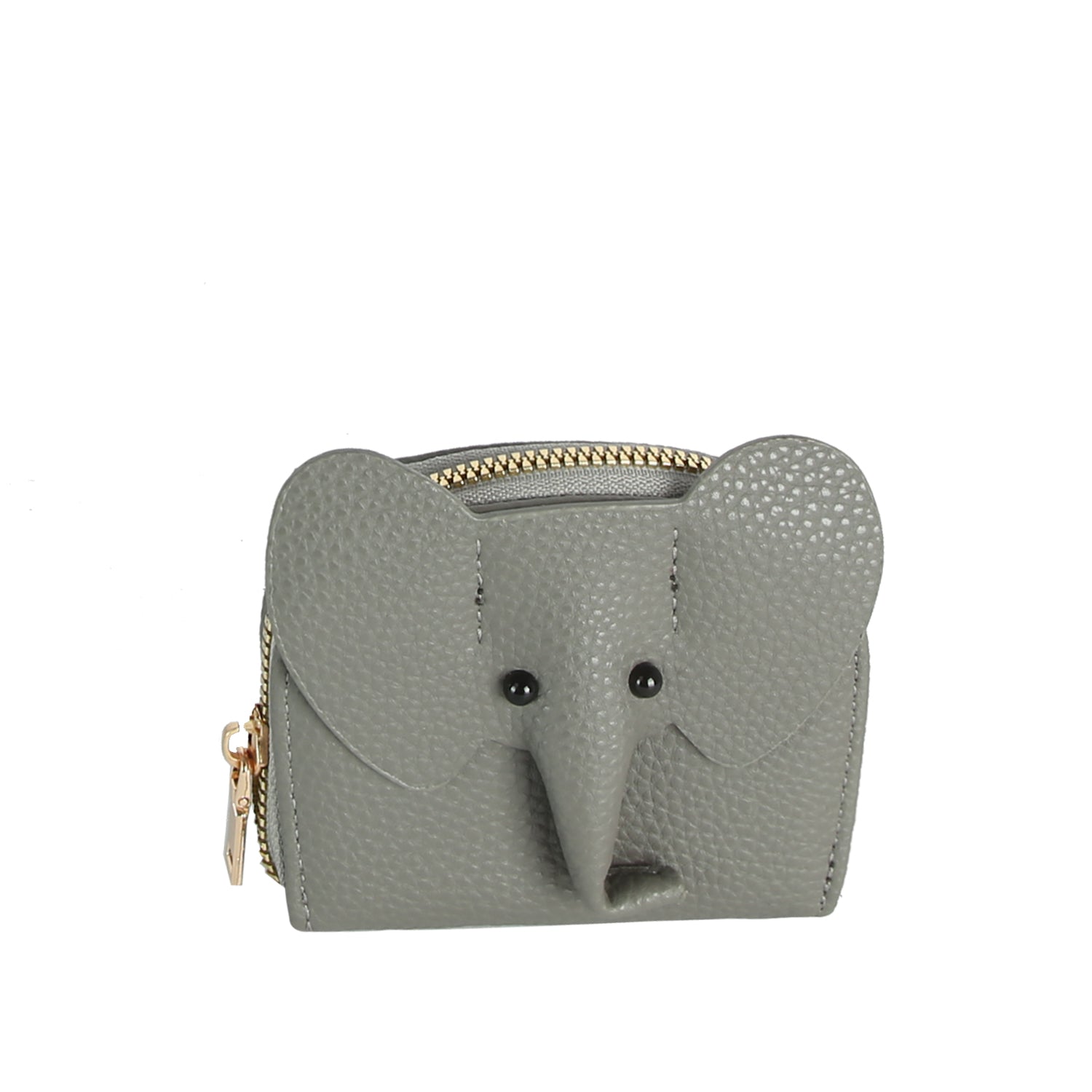 The Zip Around Elephant Wallet is a small, textured gray faux leather wallet shaped like an elephants face, featuring large ears, a trunk, two black button eyes, and a gold-tone zip closure along the top.