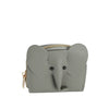 The Zip Around Elephant Wallet is a small, textured gray faux leather wallet shaped like an elephants face, featuring large ears, a trunk, two black button eyes, and a gold-tone zip closure along the top.