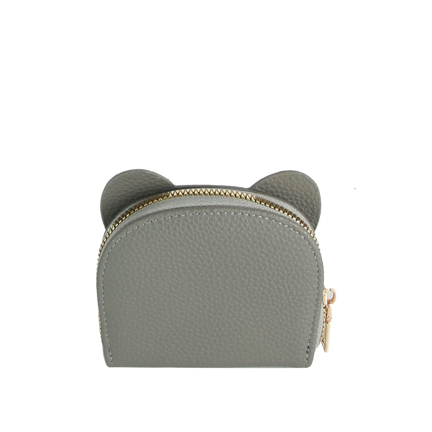 The Zip Around Elephant Wallet is a compact gray faux leather coin purse with a textured finish, gold zipper closure, gold-toned hardware, and two rounded ear-like accents on top that create an elephant-inspired look.