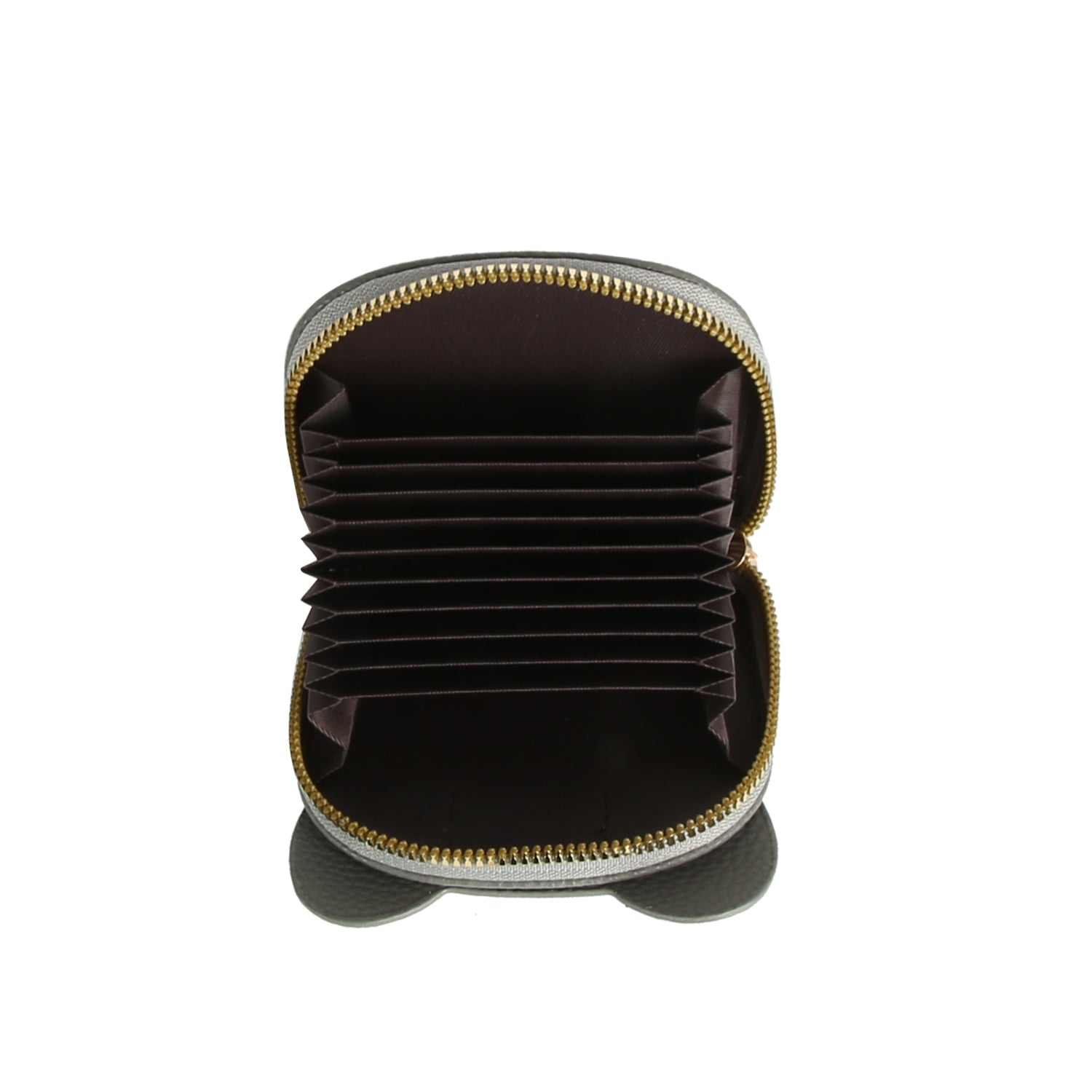 The Zip Around Elephant Wallet is a compact, open accordion-style wallet made from faux leather with multiple card slots, a black interior, and gold-tone zip closure, displayed from above on a white background.