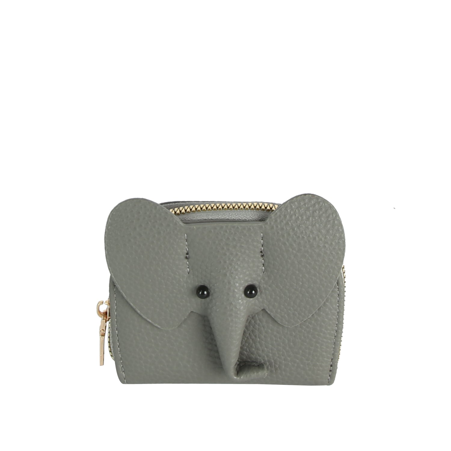 The Zip Around Elephant Wallet is a compact gray faux leather wallet featuring an elephant face with ear-shaped flaps, a long trunk detail, black button eyes, and a gold-toned zip closure.