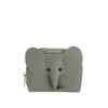 The Zip Around Elephant Wallet is a compact gray faux leather wallet featuring an elephant face with ear-shaped flaps, a long trunk detail, black button eyes, and a gold-toned zip closure.