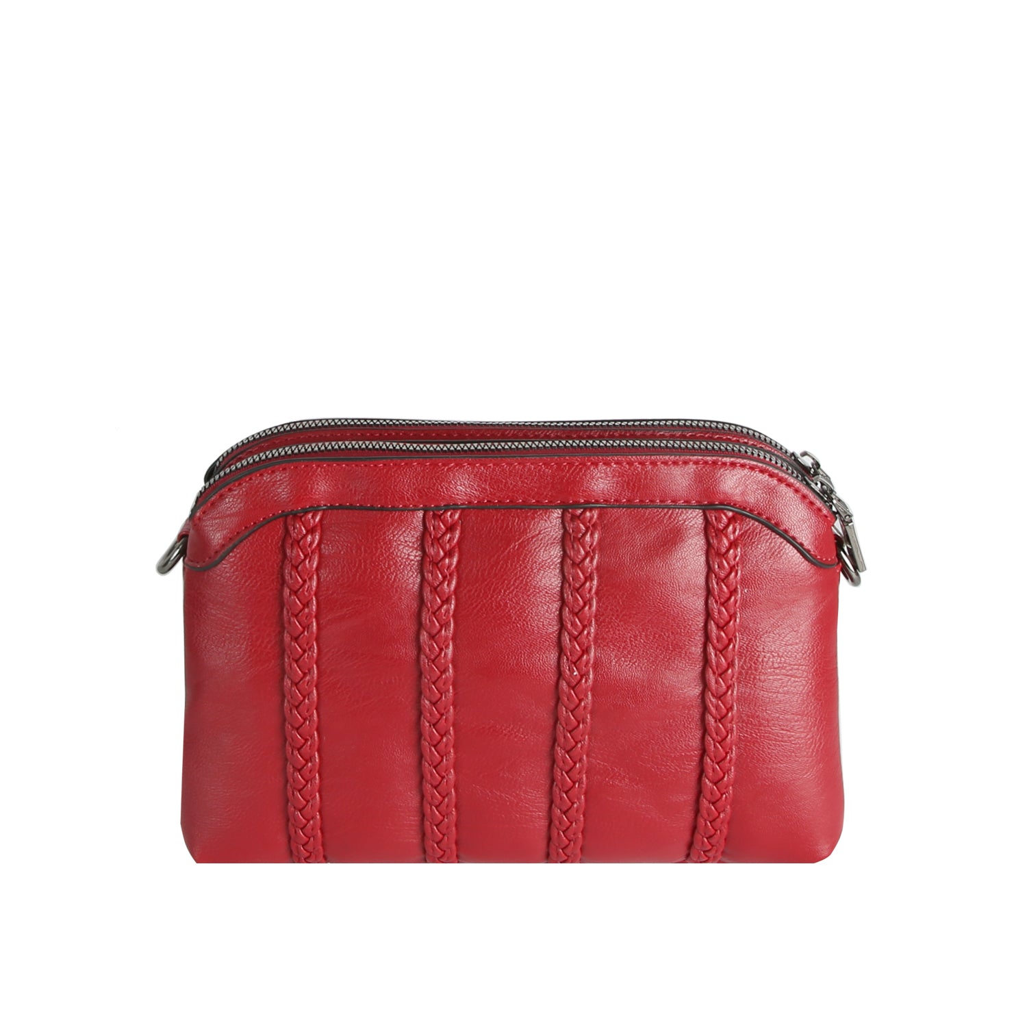 The Braid Accented Dual Opening Crossbody is a small red faux leather bag with dual top zip closures, three vertical braided accents, and sleek gunmetal hardware on the front.