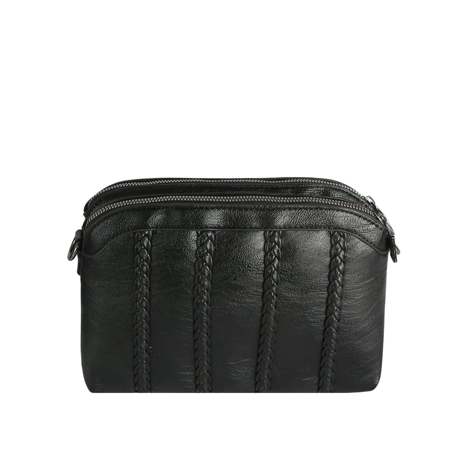 The Braid Accented Dual Opening Crossbody is a black faux leather bag with three vertical braids and gunmetal hardware on the front, featuring dual top zip closures, shown on a plain white background.