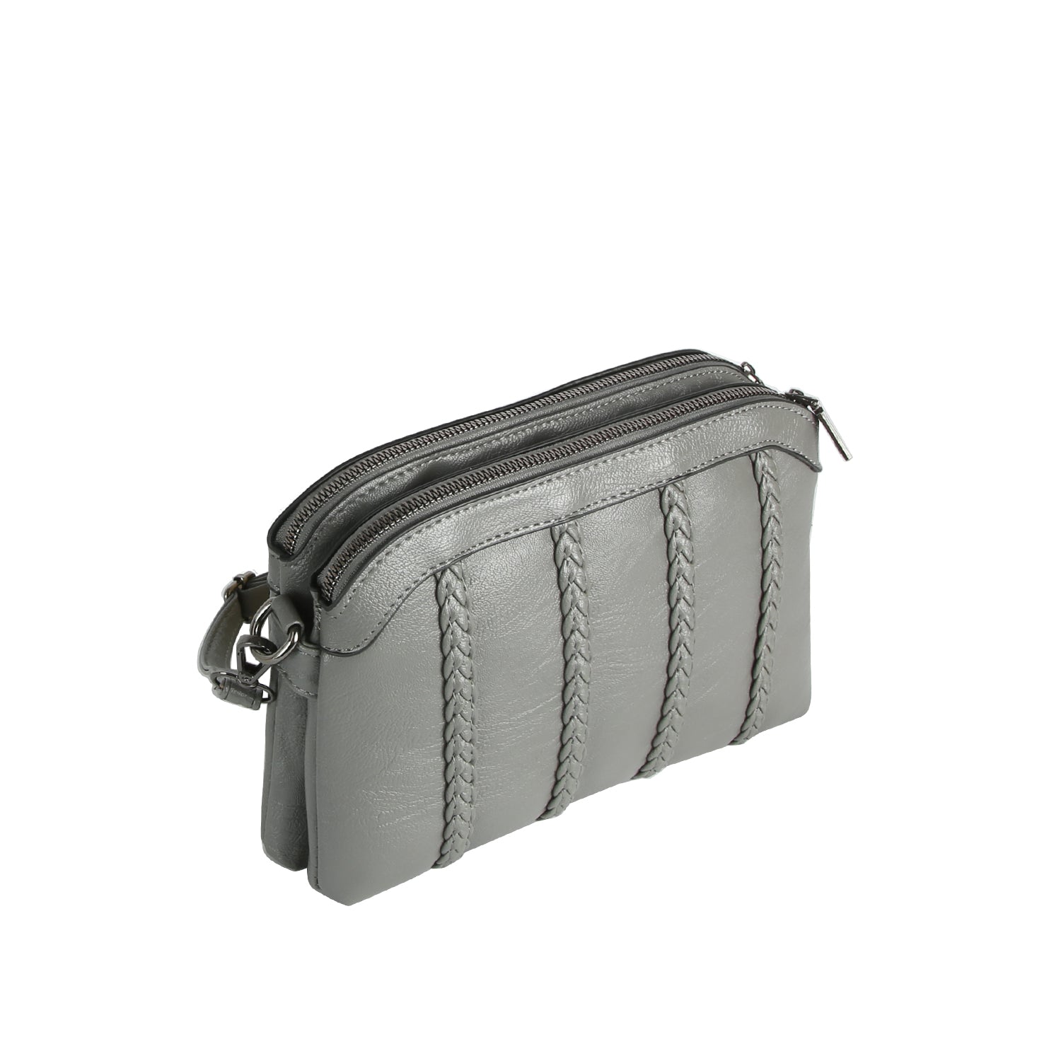 The Braid Accented Dual Opening Crossbody is a small, grey faux leather bag featuring braided vertical details, gunmetal hardware, and dual top zip closures, shown against a white background.