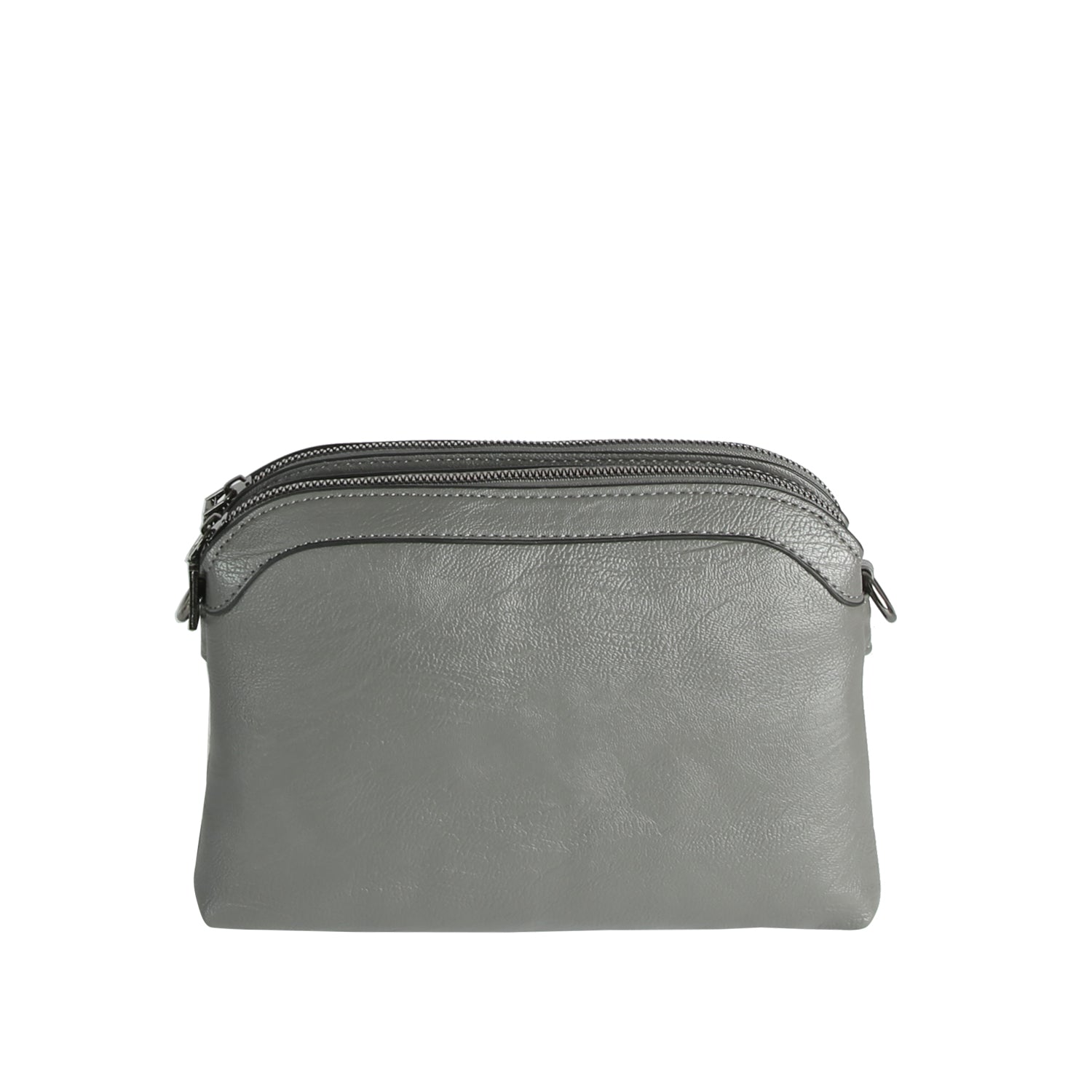 The Braid Accented Dual Opening Crossbody is a small gray faux leather bag with gunmetal hardware and dual top zip closures, featuring two visible zippered compartments against a plain white background.