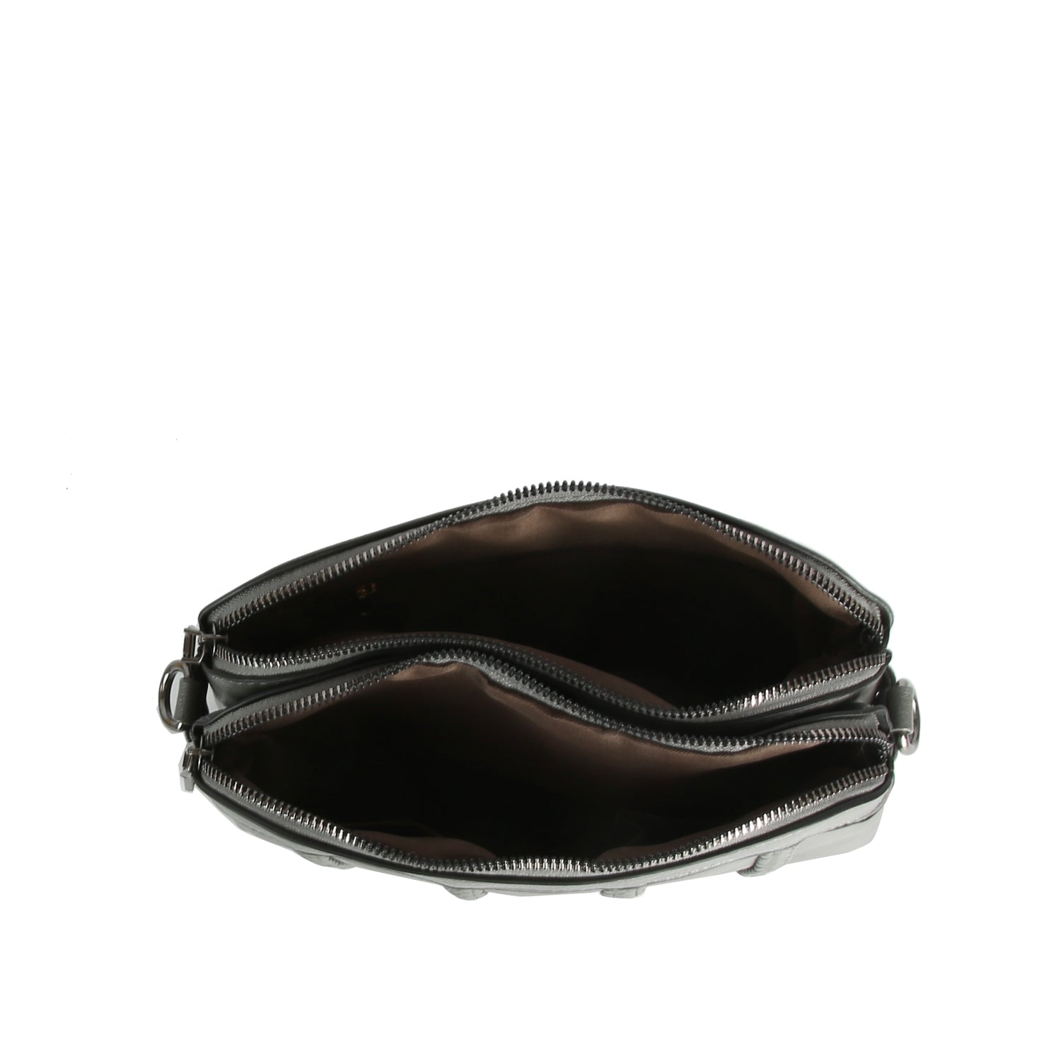 Top view of the Braid Accented Dual Opening Crossbody in black faux leather with gunmetal hardware, dual top zip closure, and spacious compartments. Bag is empty and displayed against a plain white background.