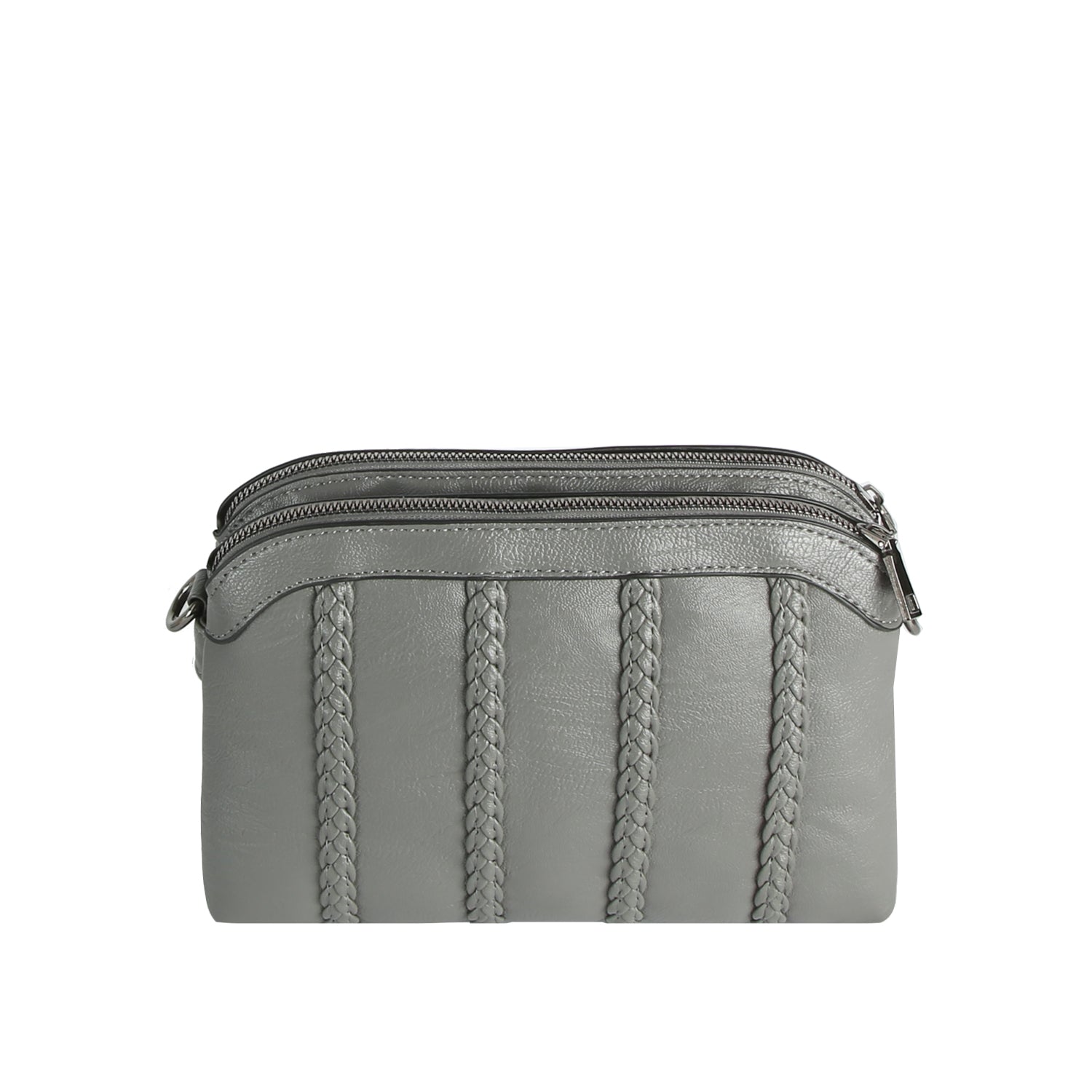 The Braid Accented Dual Opening Crossbody is a small gray faux leather bag featuring vertical braid accents, dual top zip closures, and sleek gunmetal hardware, shown against a white background.