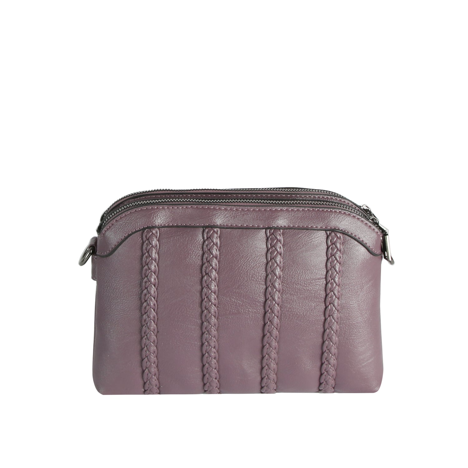 The Braid Accented Dual Opening Crossbody is a small mauve faux leather pouch with vertical braided detailing, dual top zip closures, a smooth texture, and subtle gunmetal hardware for simple elegance.