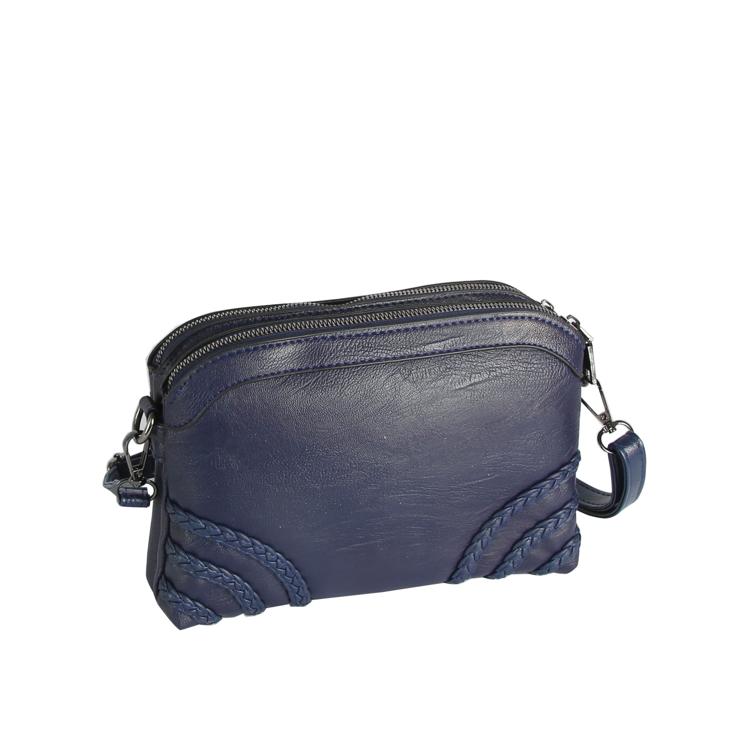 The Braid Accented Clutch Crossbody Bag is a small navy blue faux leather bag with decorative stitching, an adjustable strap, dual top zip closure, and two zippered compartments, shown on a white background.