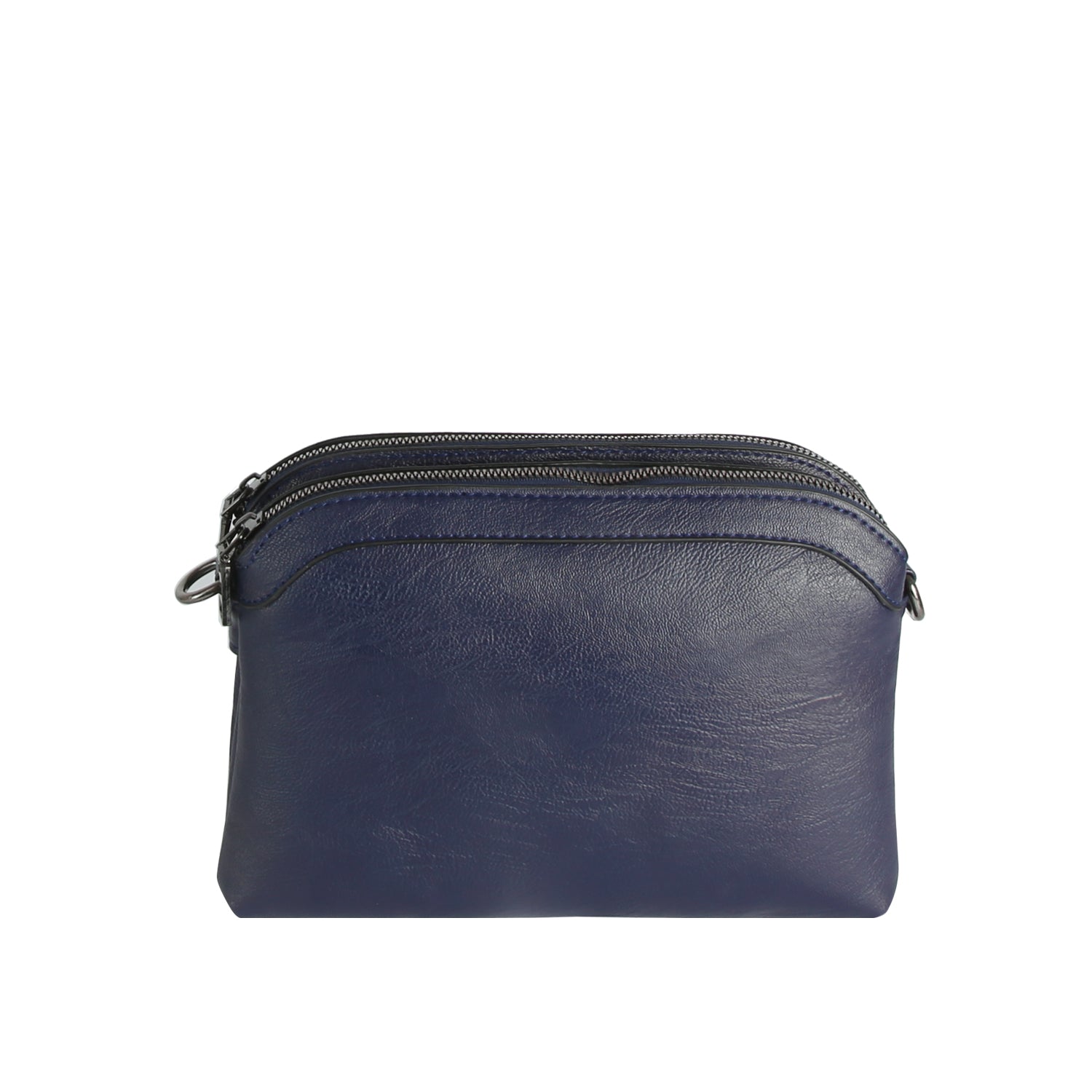 The Braid Accented Clutch Crossbody Bag is a navy blue faux leather pouch with a minimalist design, dual top zip closure, and two zippered compartments, displayed against a white background.
