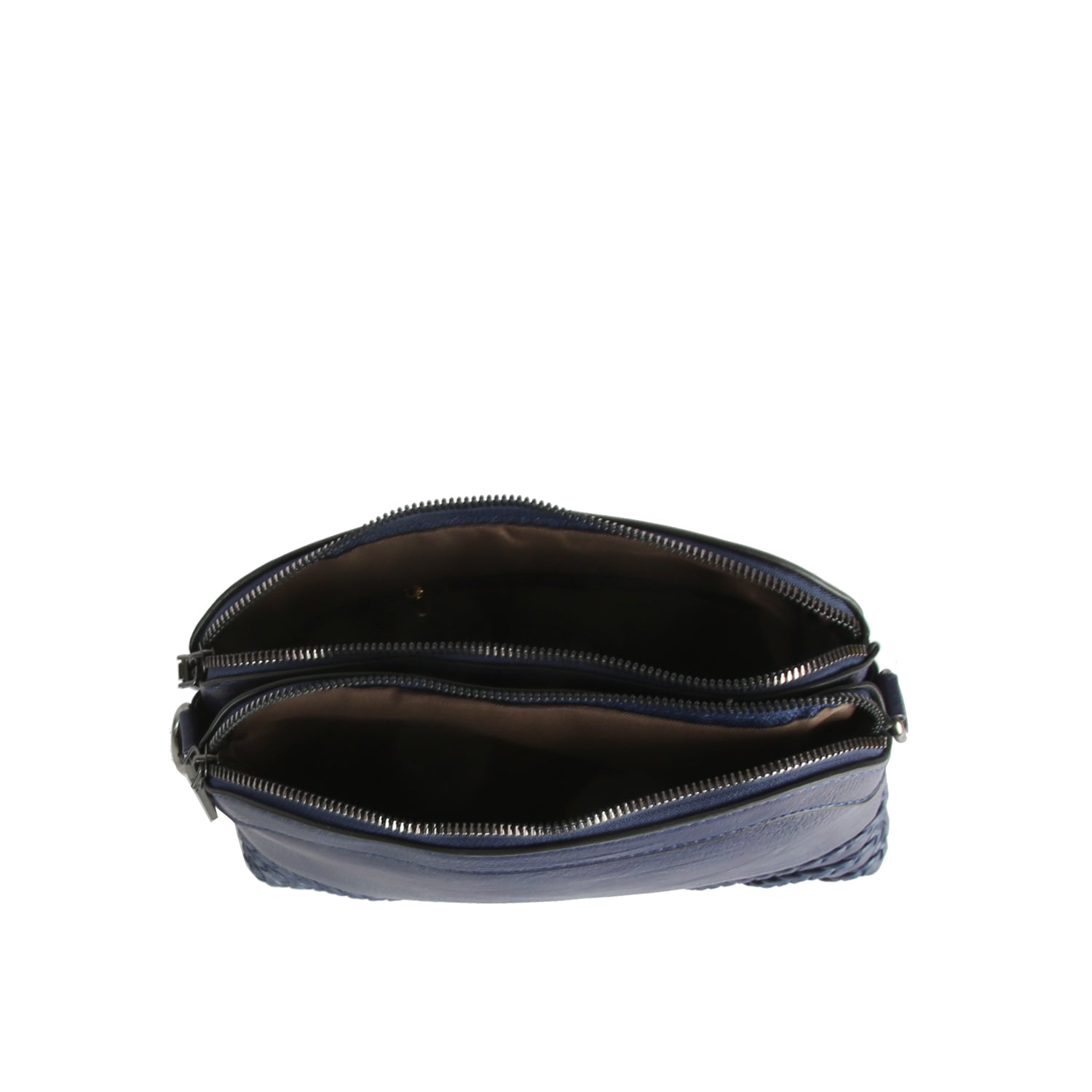 The Braid Accented Clutch Crossbody Bag is a small navy blue faux leather handbag with dual top zip closures and two open compartments, shown from above against a white background.