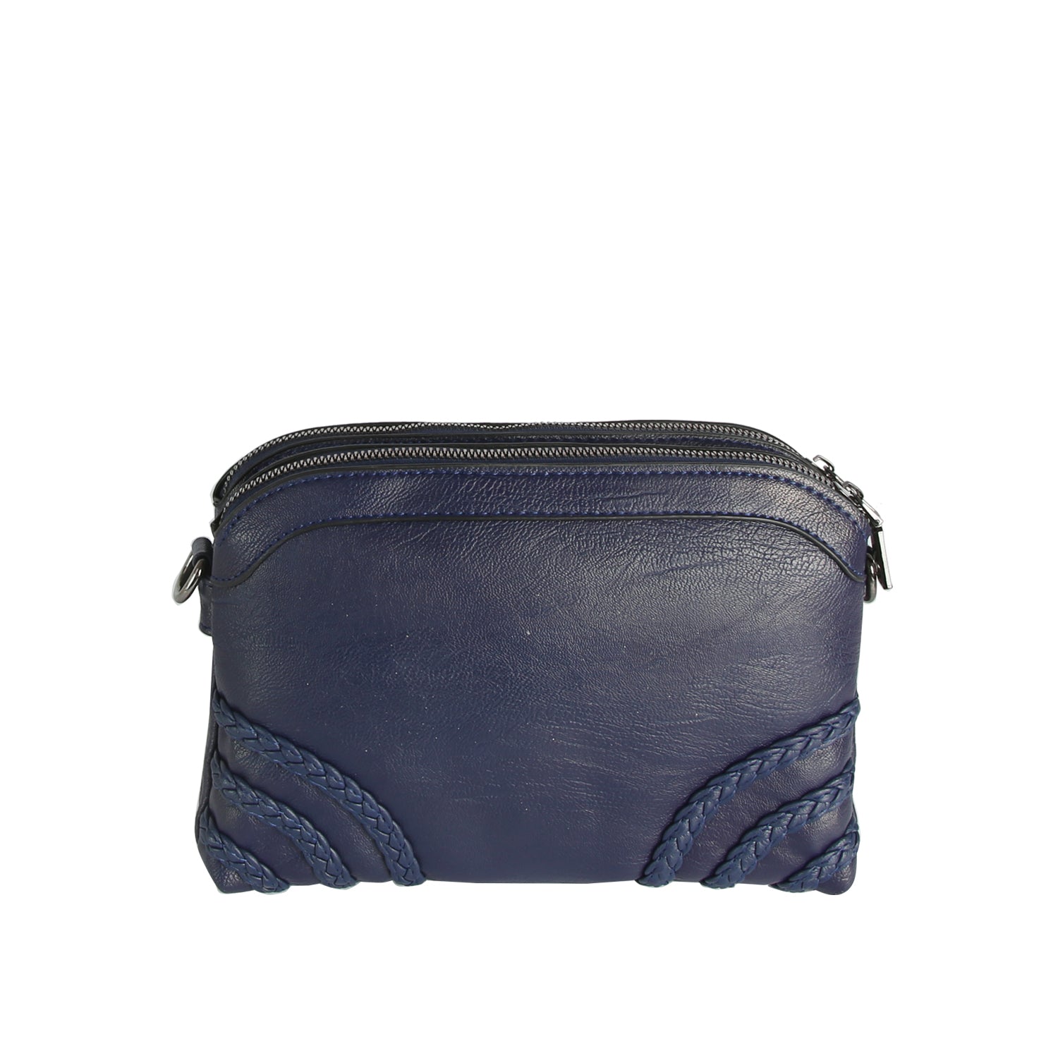 The Braid Accented Clutch Crossbody Bag is a small, navy blue faux leather bag with dual top zip closure and braided detailing on the lower front corners, shown against a white background.